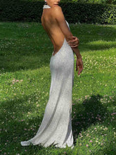 Elegant Halterneck Black Polka Dot White Maxi Dress